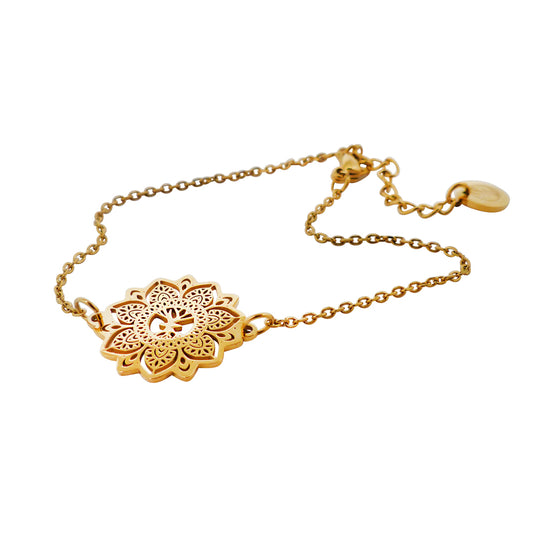 Yggdrasil - Elegant armband / fotlänk med mandalaberlock i guldpläterat rostfritt stål, justerbar kedja