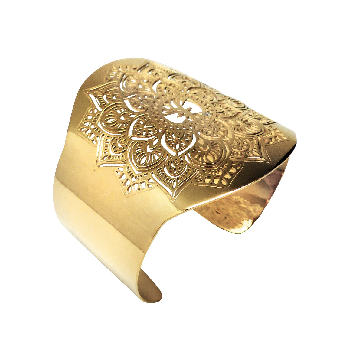 Snyggt stort mandala bangle i guldpläterat stål – Yggdrasil by Sweden smycke