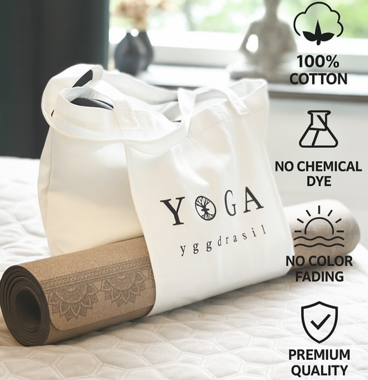 yoga tote väska för yogamatta i vit bomull yggdrasil