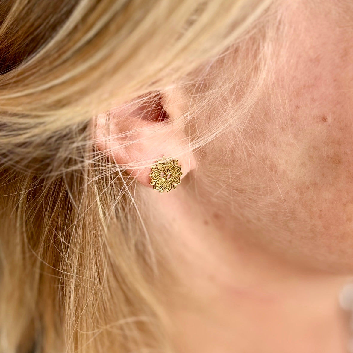 Mandala Stud Earrings, Steel & Gold