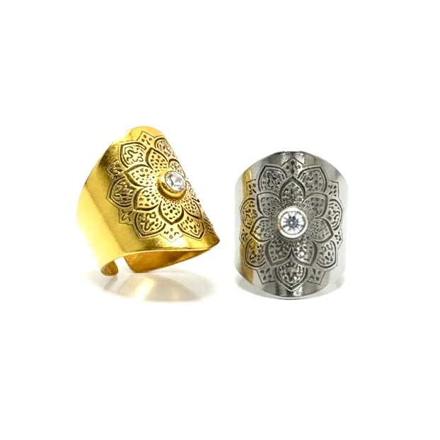 Luxury Zirconia Mandala ring - Adjustable size, Gold & Steel