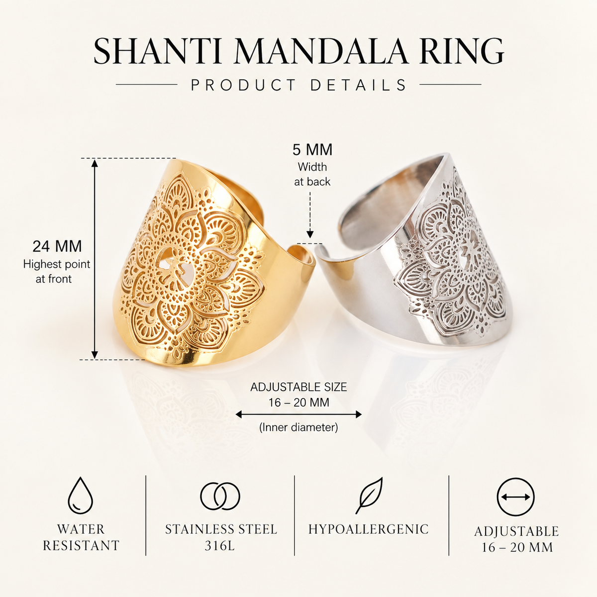 शान्ति Shanti Mandala Ring – Adjustable Scandinavian Boho Statement Ring