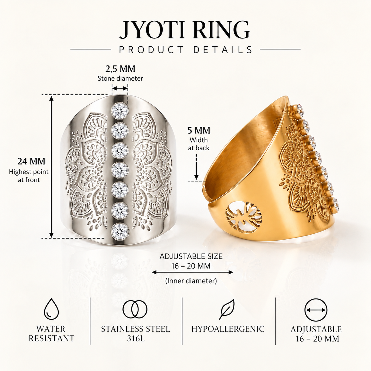 ज्योति Jyoti Ring – Adjustable Scandinavian Boho Statement Ring