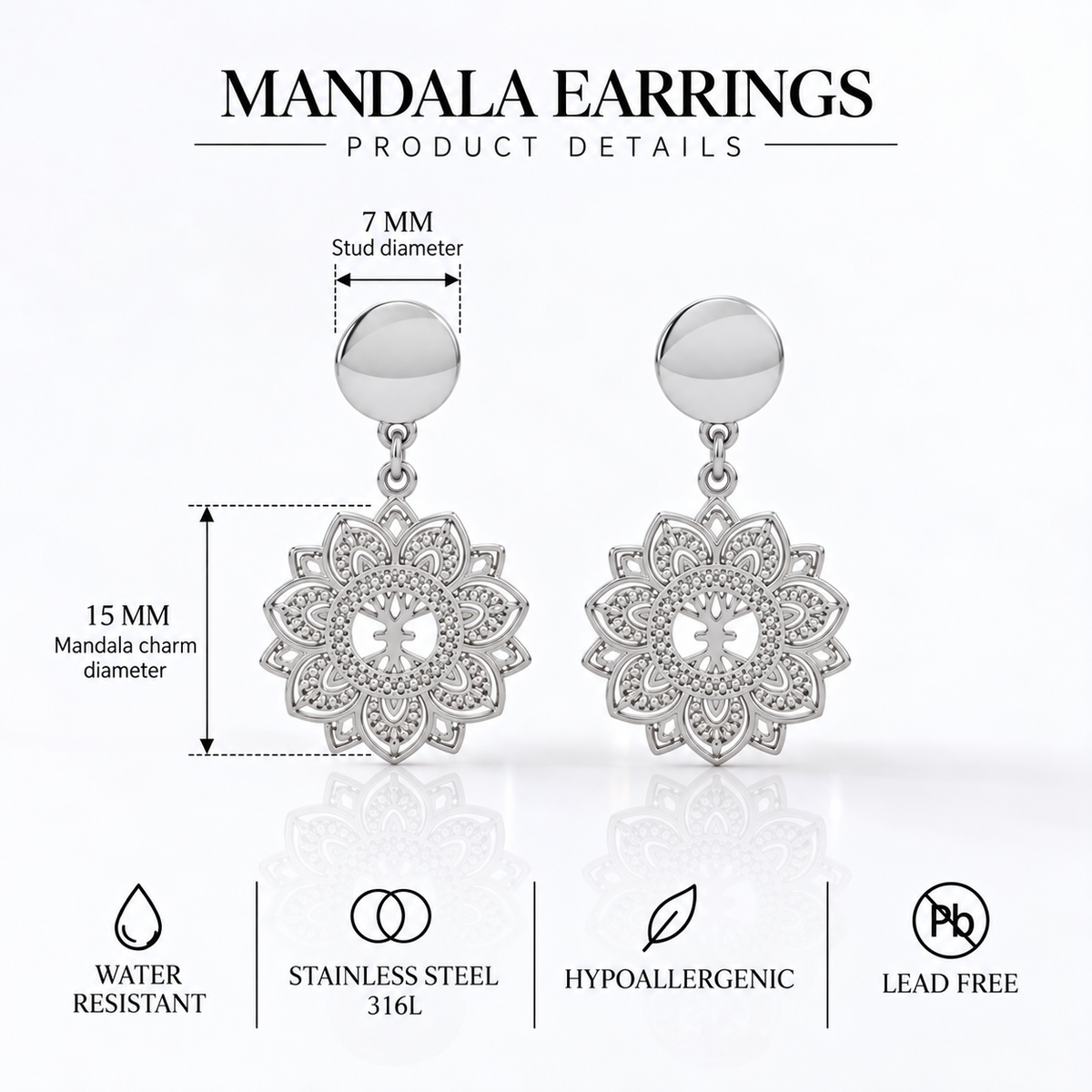 Mandala Mini Drop Earrings – Scandinavian Boho Stainless Steel Earrings