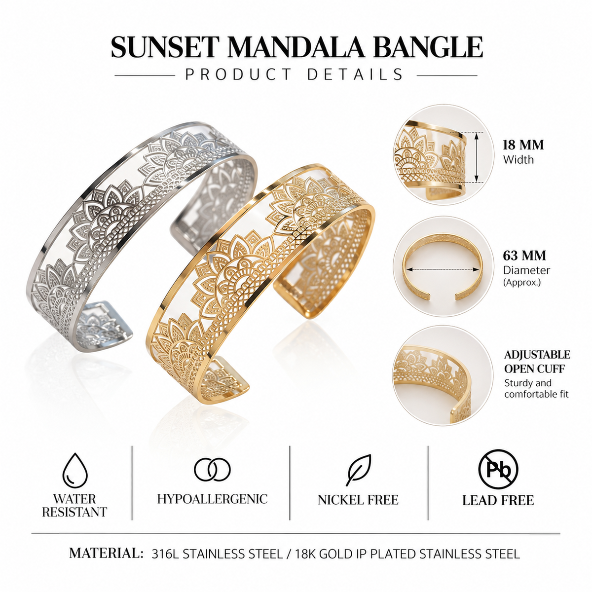 Sunset Mandala Bangle – Adjustable Scandinavian Boho Cuff