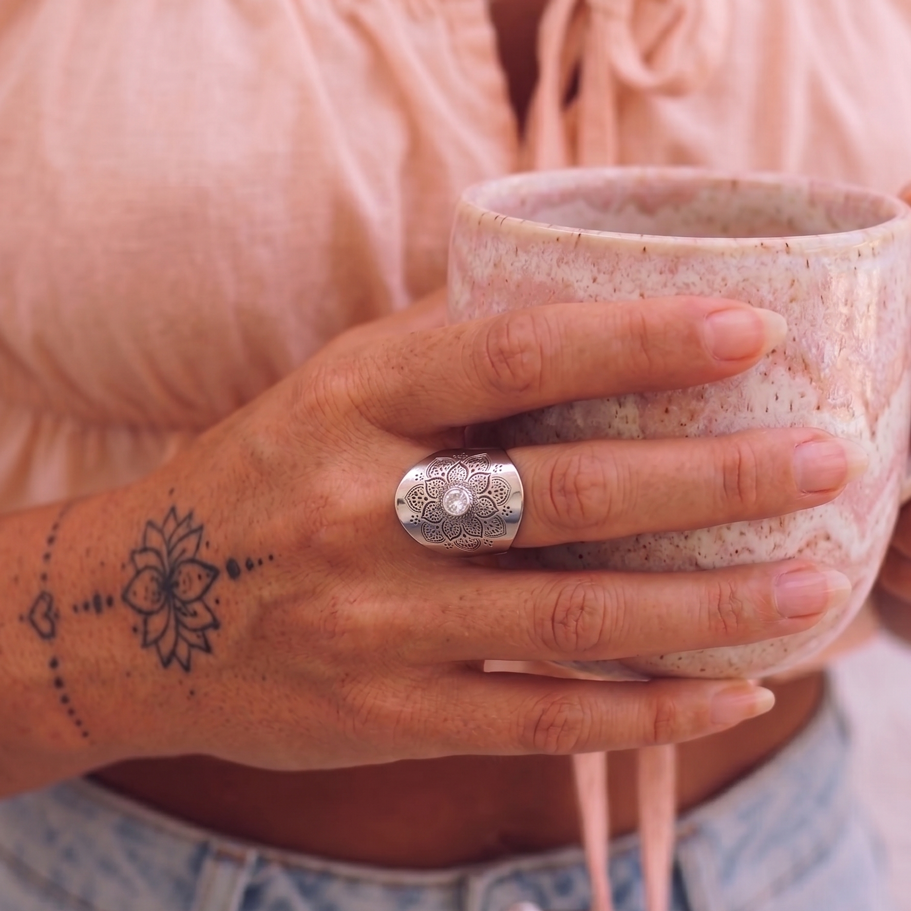 Yggdrasil smycken Mandala boho ring med strass silver