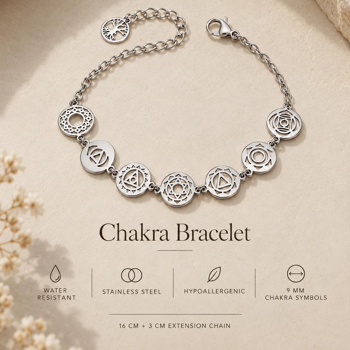 A silver chakra bracelet displayed on a beige textured background with decorative dried flowers. The image includes branding text 'YGGDRASIL BY SWEDEN' at the top and product specifications at the bottom.