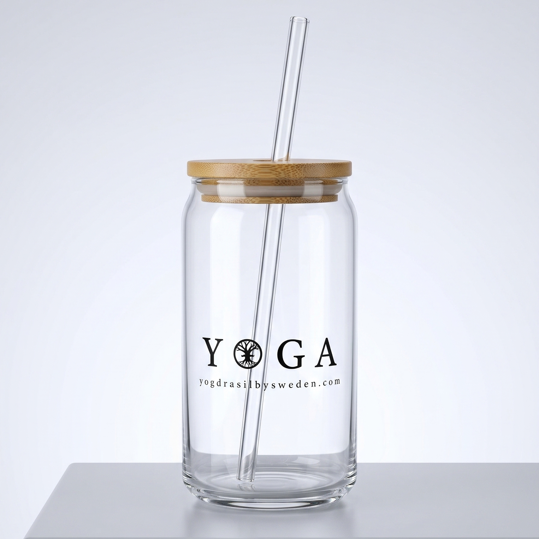 Yggdrasil Yoga glas mugg flaska med bambu lock och sugrör i glas