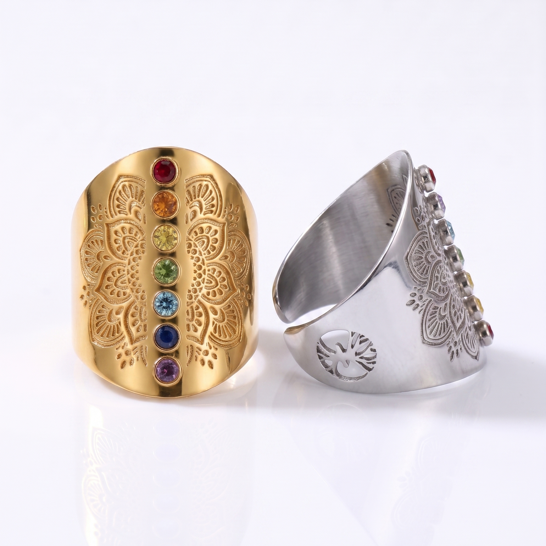 Yggdrasil smycken bohemiska chakra stenar på ring i guld och silver