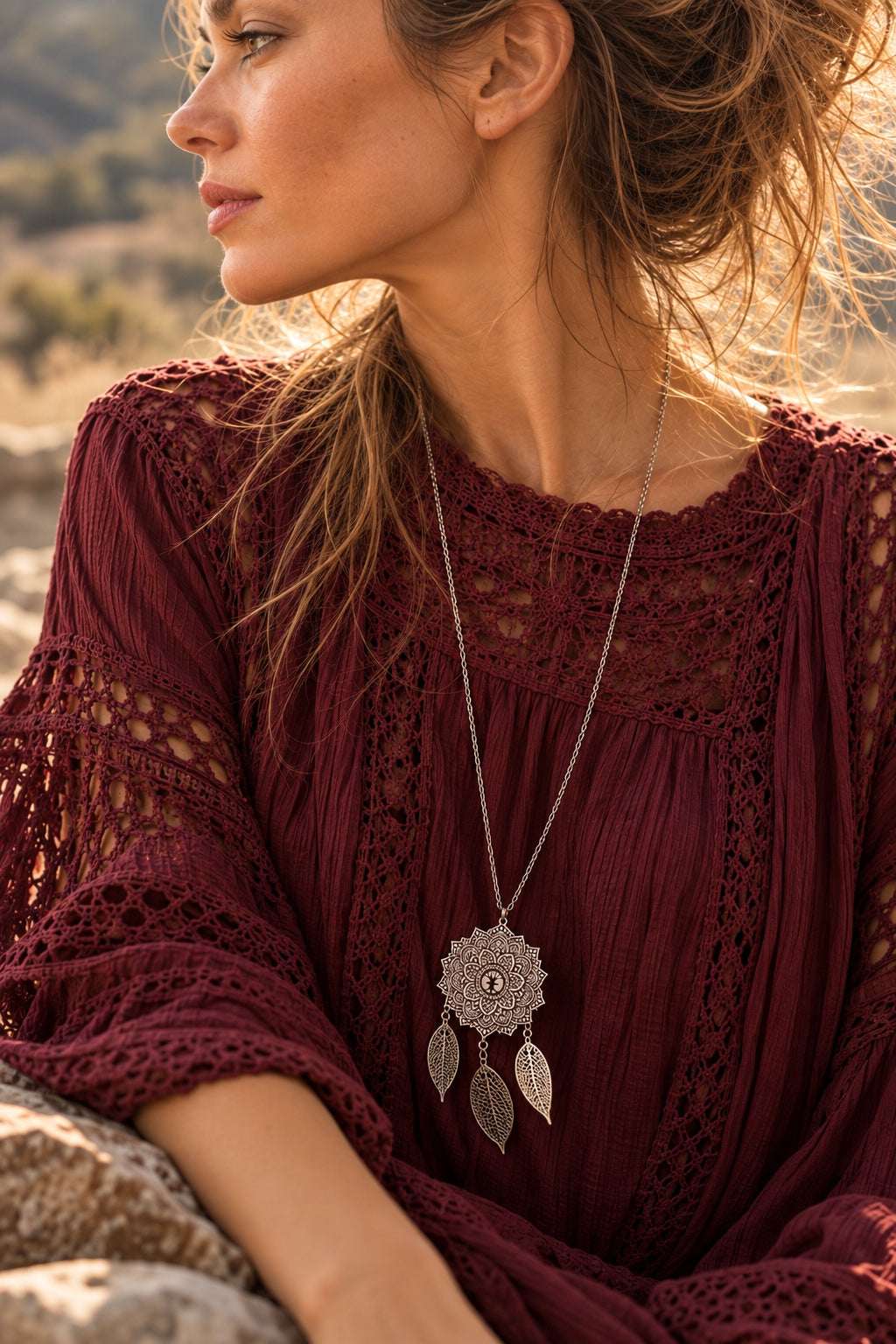 Mandala Dreamcatcher Necklace on bohemian model