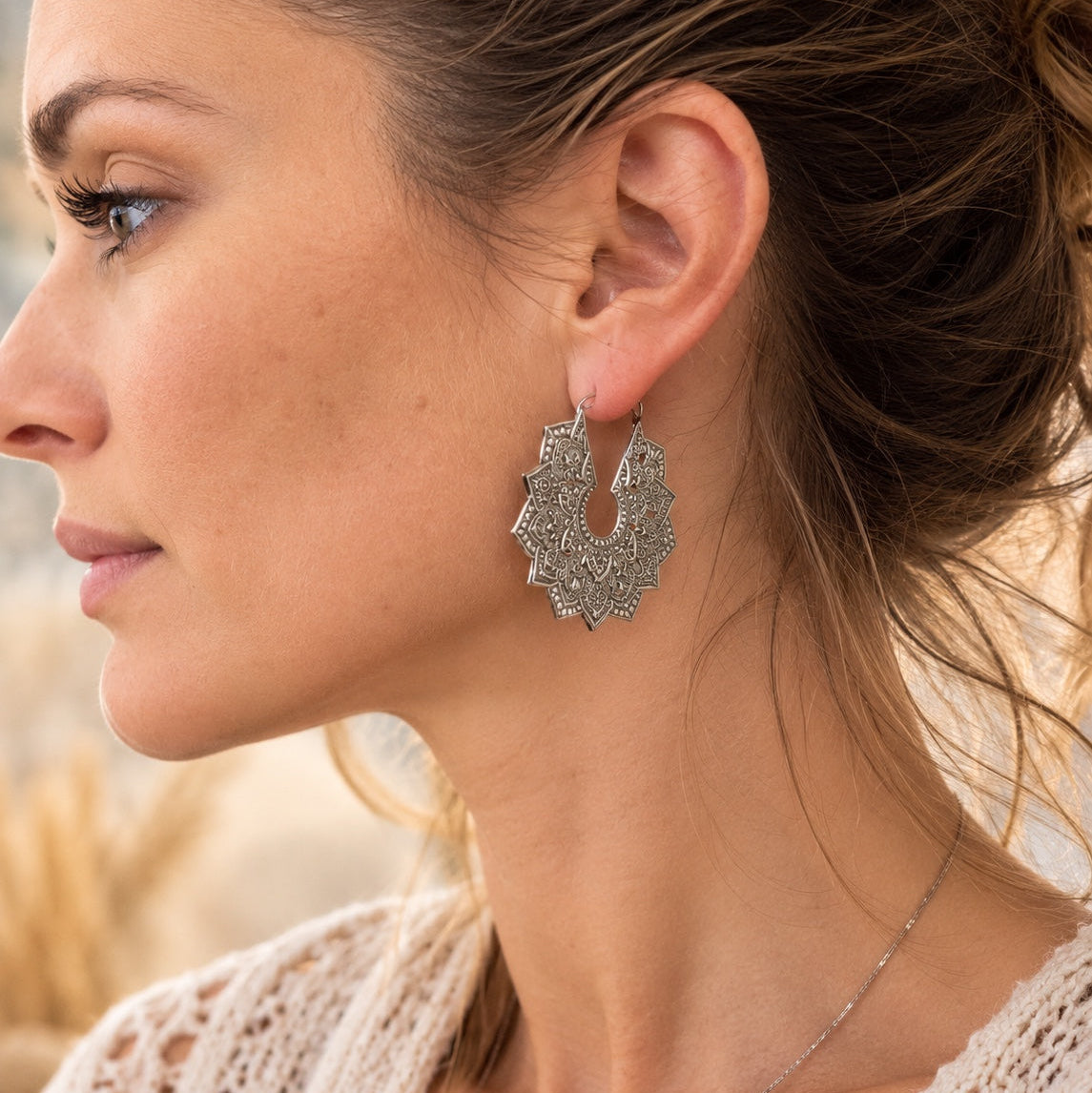 Mandala Lace Earrings on model