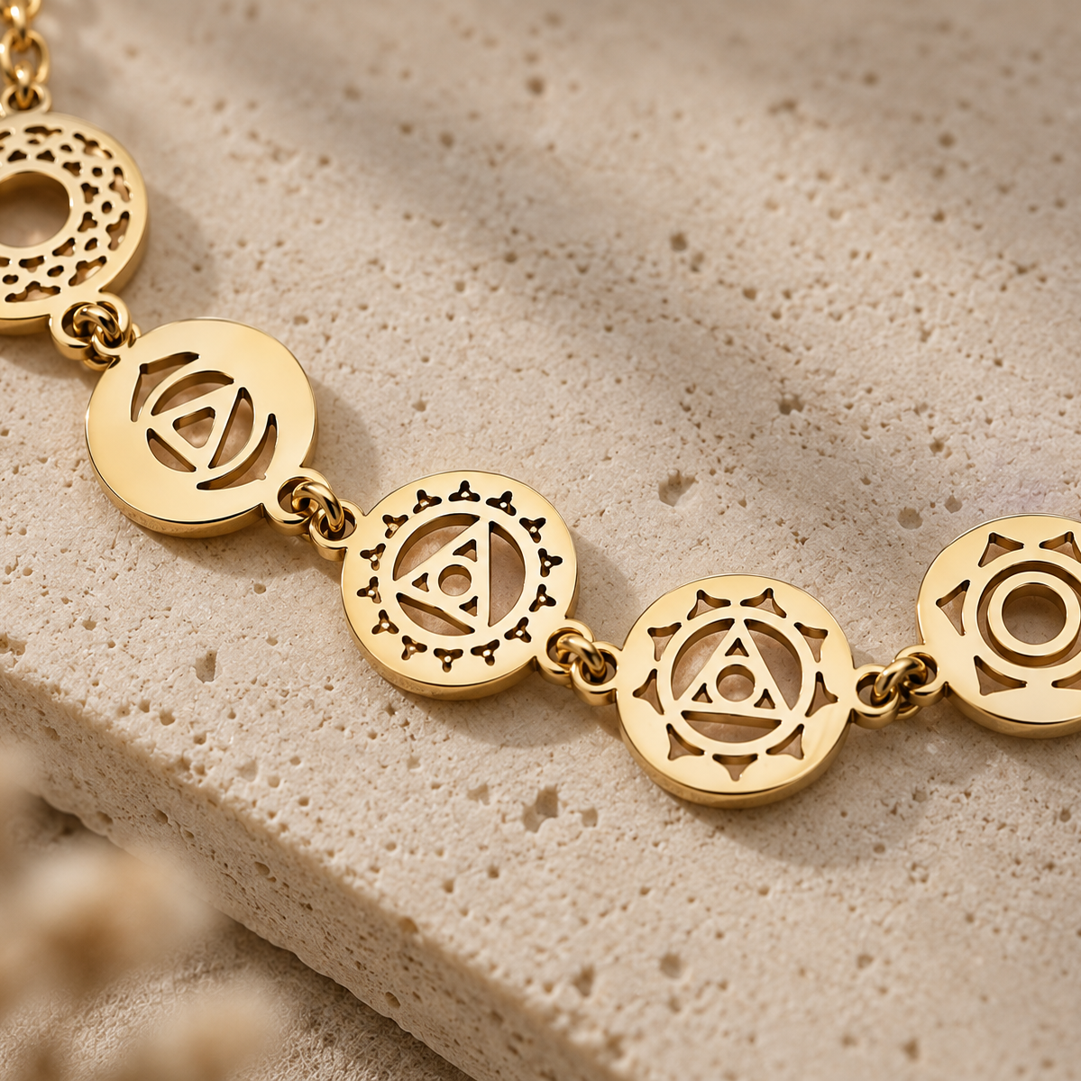 A gold-toned chain bracelet featuring five circular disc charms with intricate geometric and sacred geometry cutouts, displayed on a textured beige stone surface.