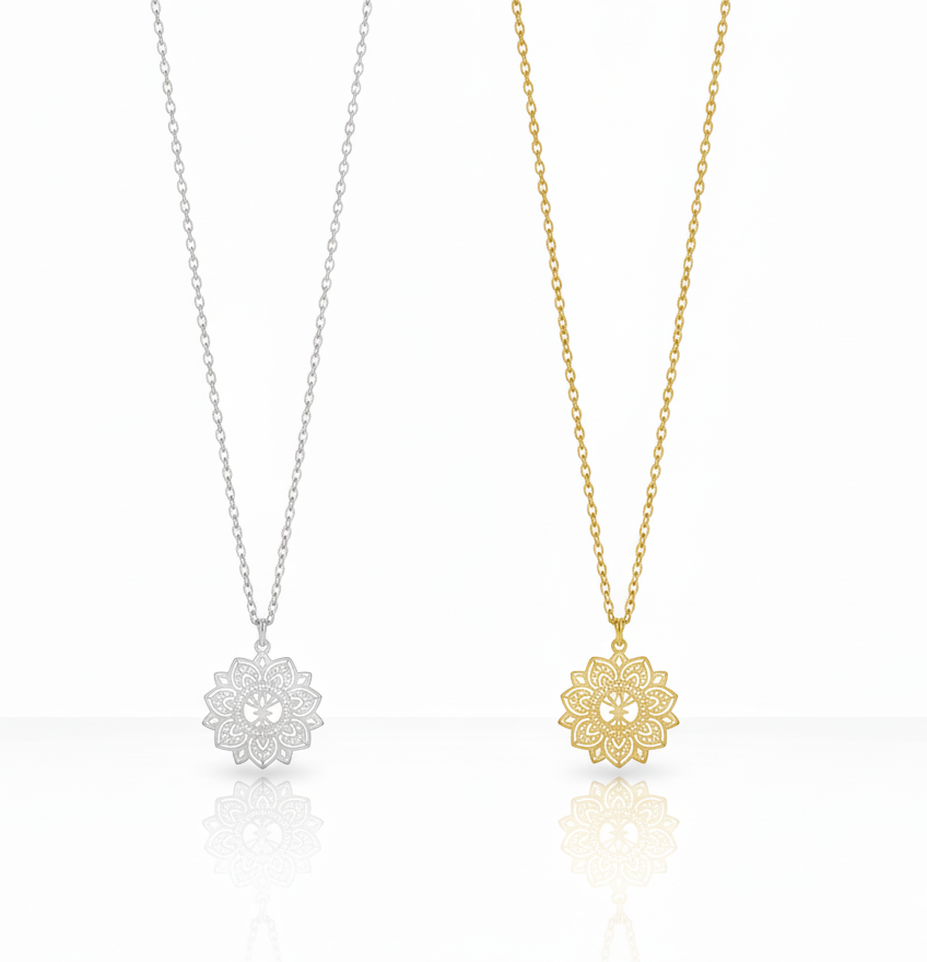 Petite Mandala Necklace, Steel & Gold