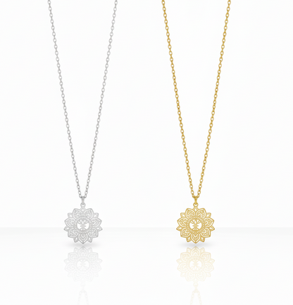 Petite Mandala Necklace, Steel & Gold