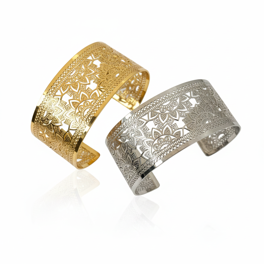 Mandala Armreif Goddess, Stahl & Gold – verstellbare Größe