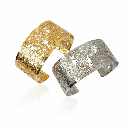 Mandala Bangle Goddess, Steel & Gold - Adjustable size