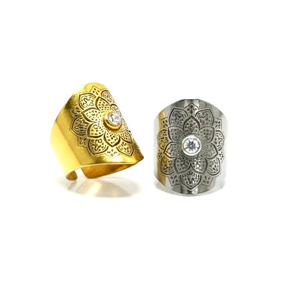 Luxury Zirconia Mandala ring - Adjustable size, Gold & Steel