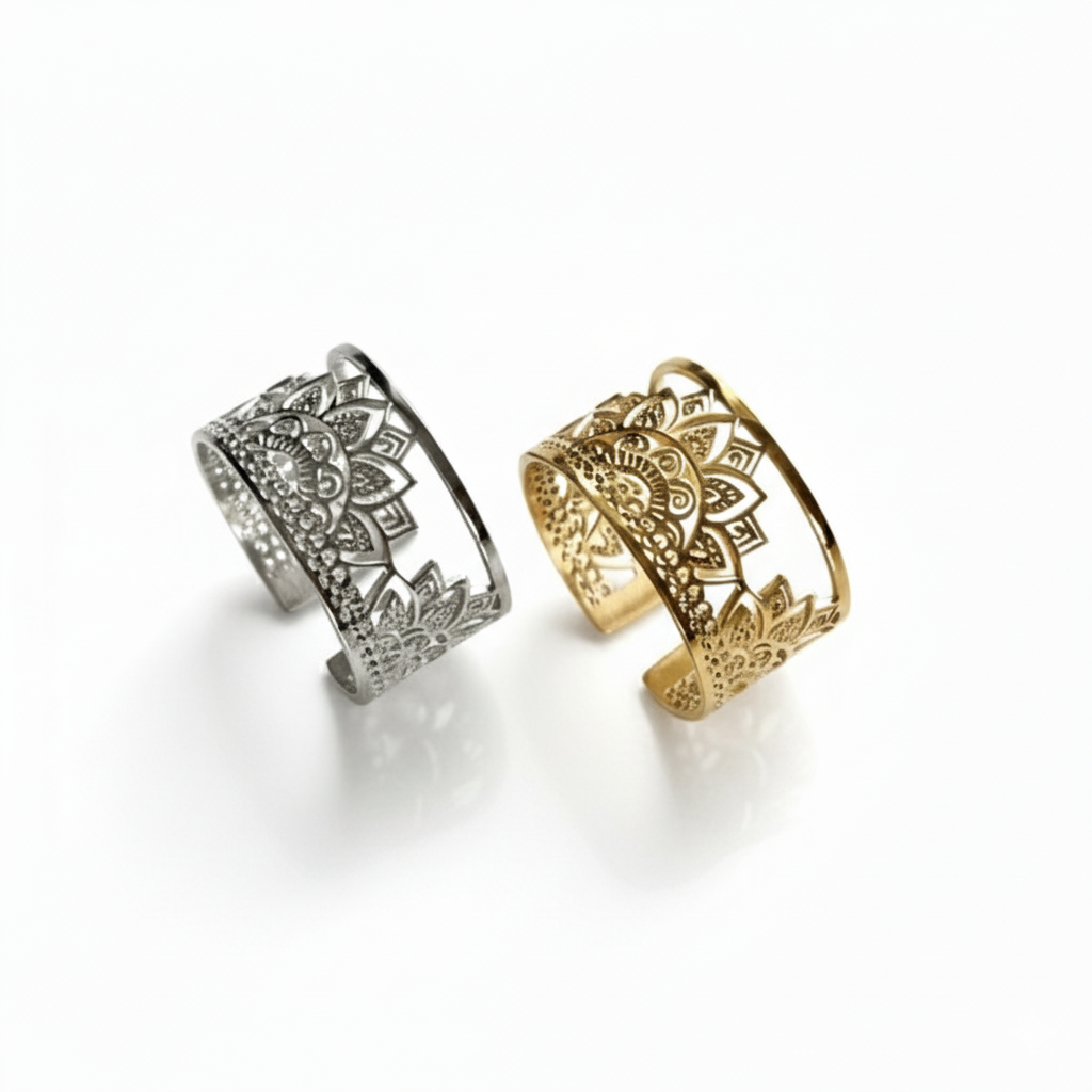 Sunset Mandala Adjustable Ring – Steel & Gold