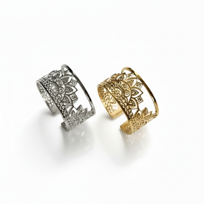 Sunset Mandala Adjustable Ring – Steel & Gold