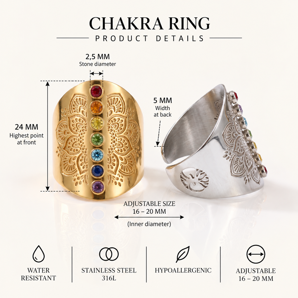 चक्र Chakra Mandala Ring – Adjustable Scandinavian Boho Statement Ring