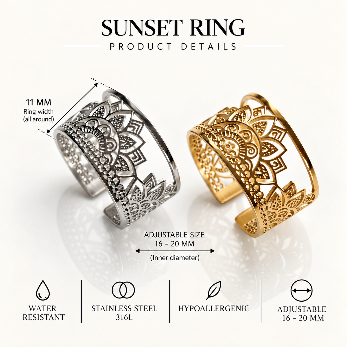 Sunset Mandala Ring – Adjustable Scandinavian Boho Ring
