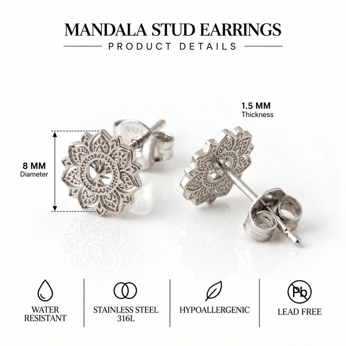 Mandala Stud Earrings – Scandinavian Boho Stainless Steel Studs