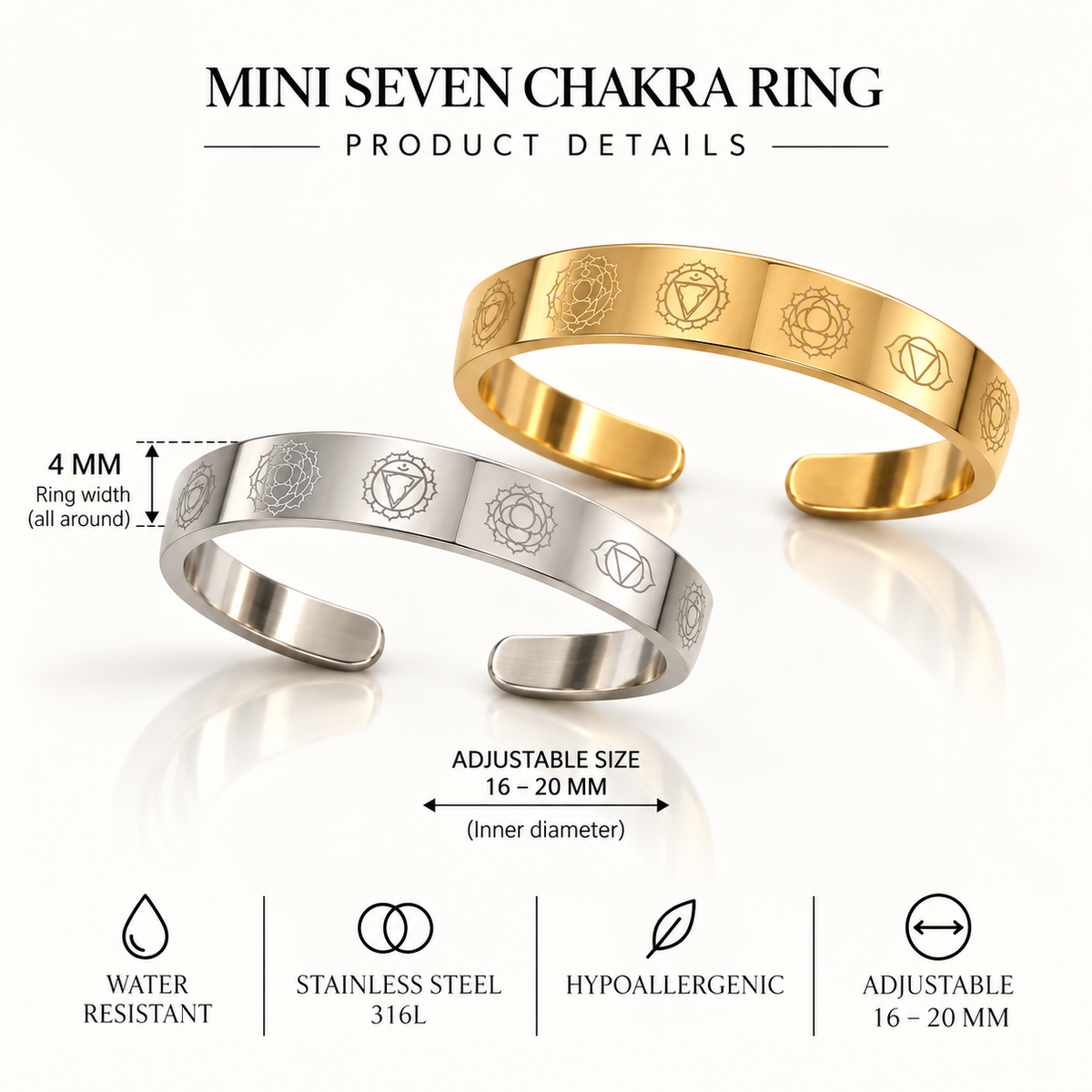 Mini Seven Chakra Ring – Adjustable Stainless Steel Chakra Ring