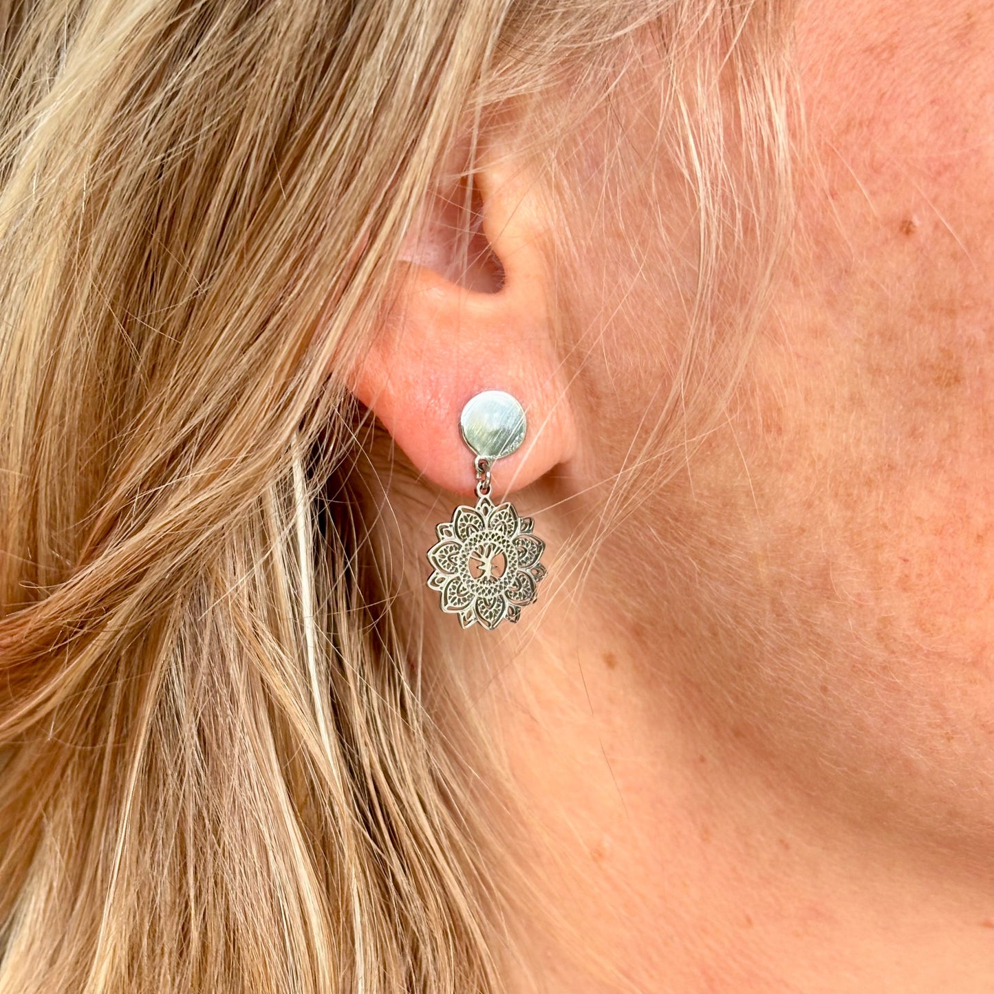 Mandala Mini Drop Earrings, Steel & Gold