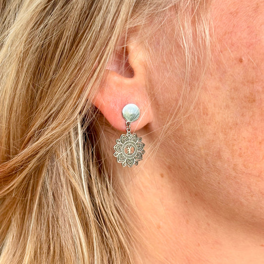 Mandala Mini Drop Earrings, Steel & Gold