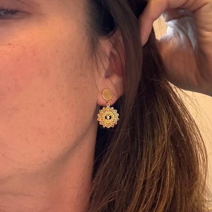 Mandala Mini Drop Earrings, Steel & Gold
