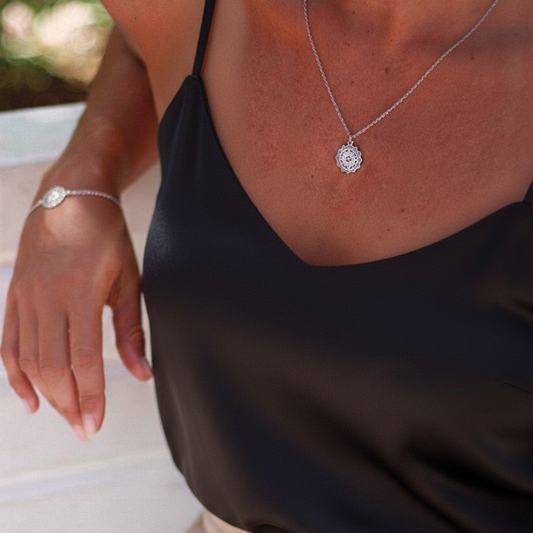 Petite Mandala Necklace, Steel & Gold