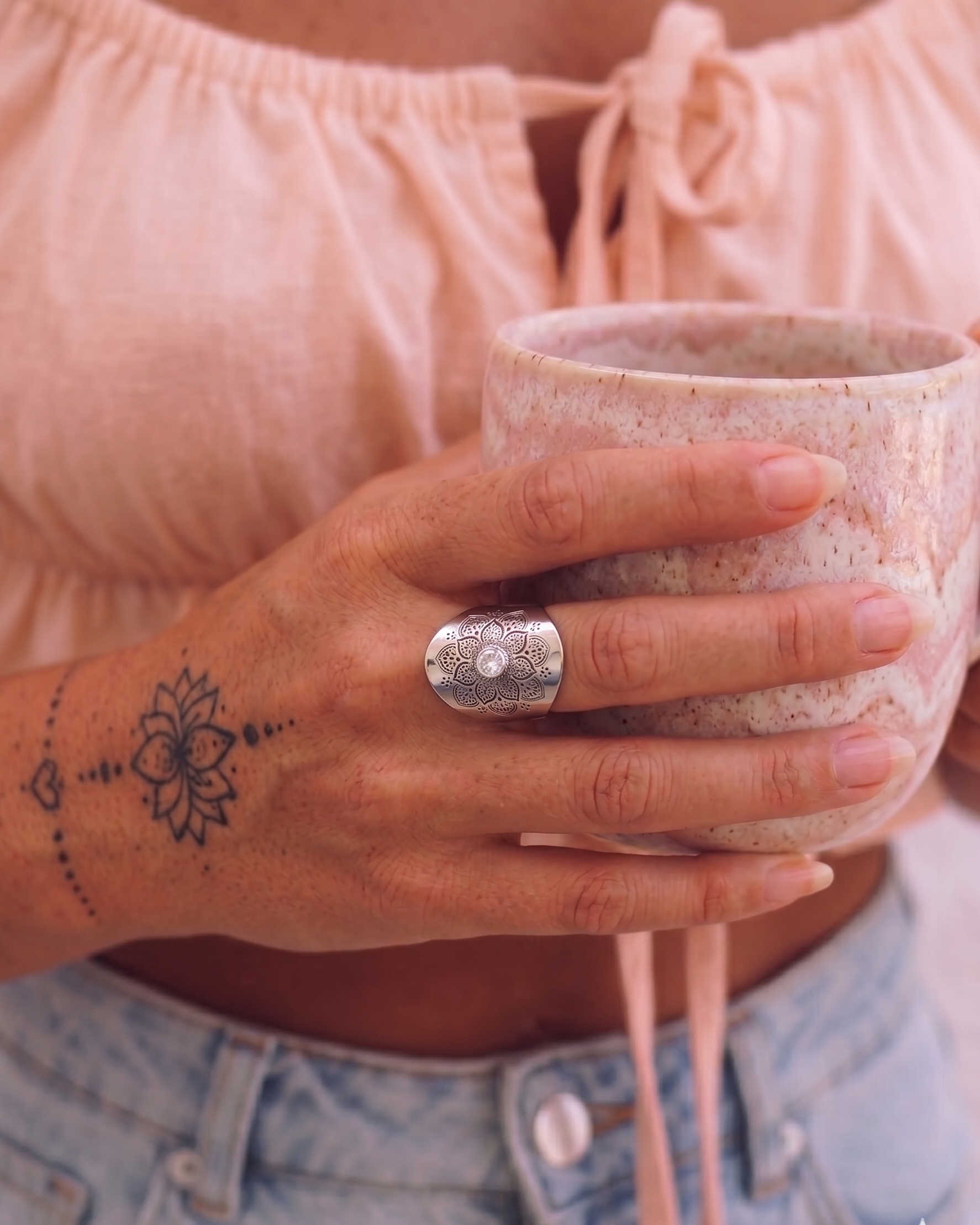 Yggdrasil smycken Mandala boho ring med strass silver