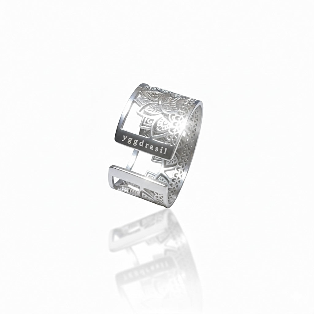 Sunset Mandala Adjustable Ring – Steel & Gold