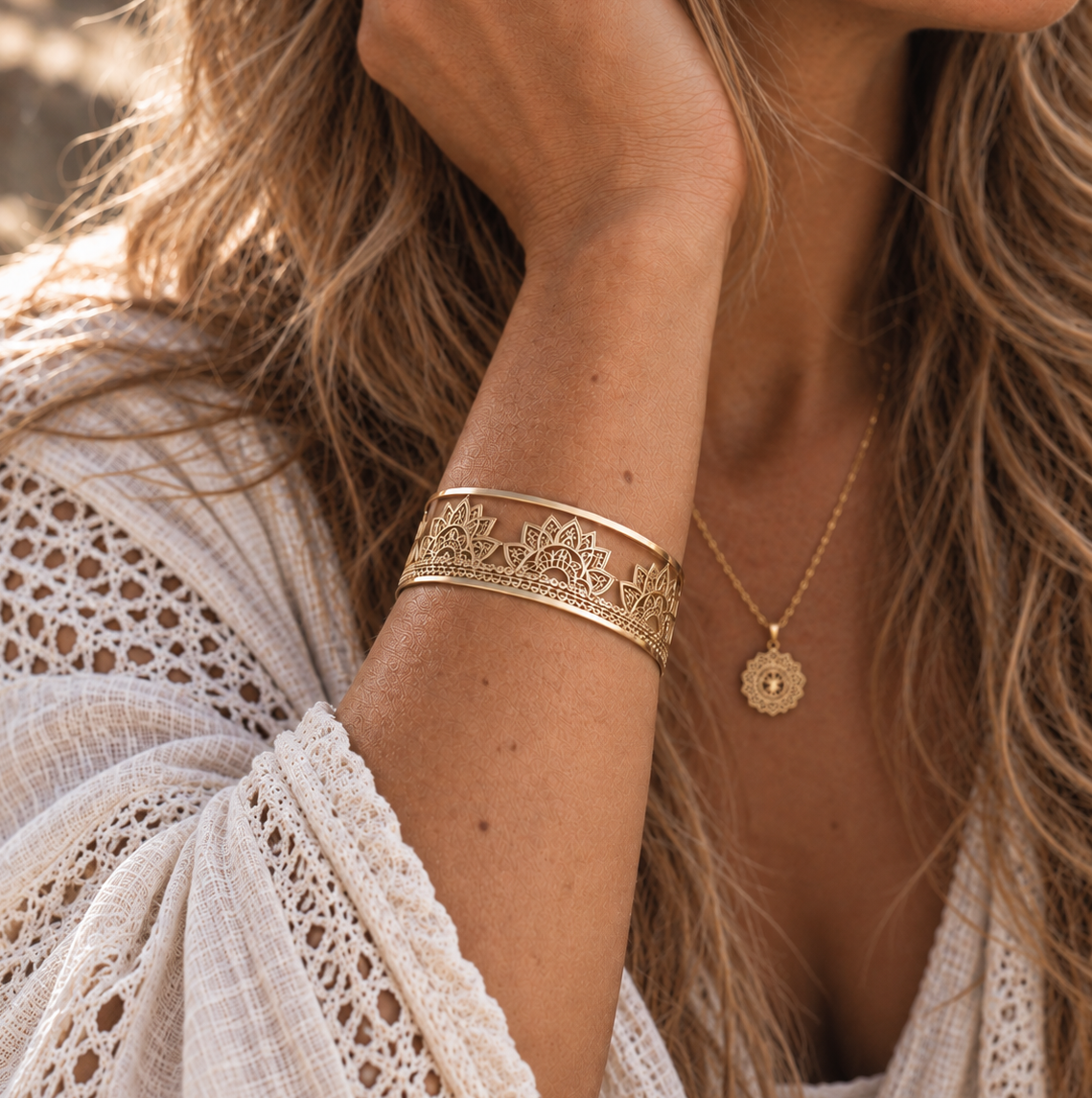 Sunset mandala cuff bangle from Yggdrasil by Sweden on a bohemian style girl