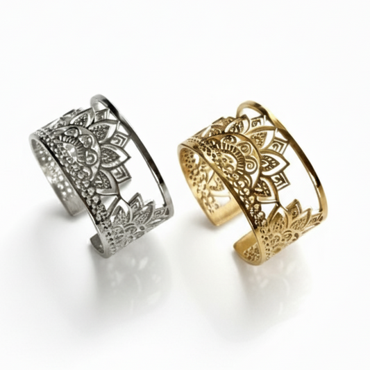 Sunset mandala ring i stål och guld yggdrasil by sweden