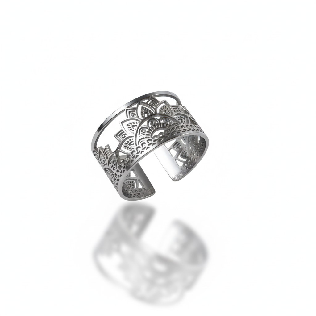 Sunset Mandala adjustable ring in steel from Yggdrasil by Sweden