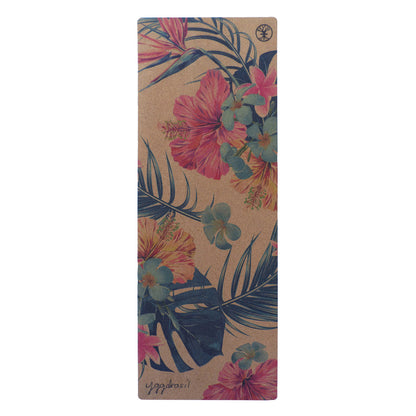 Halkfri yogamatta i 100% organisk kork med palmblad- och blomsterdesign