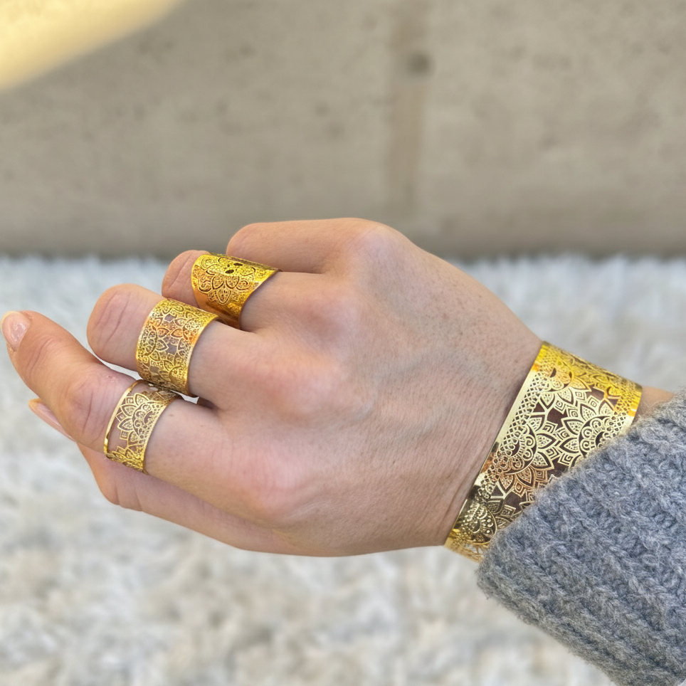 boho ringar och armband mandala i guld yggdrasil