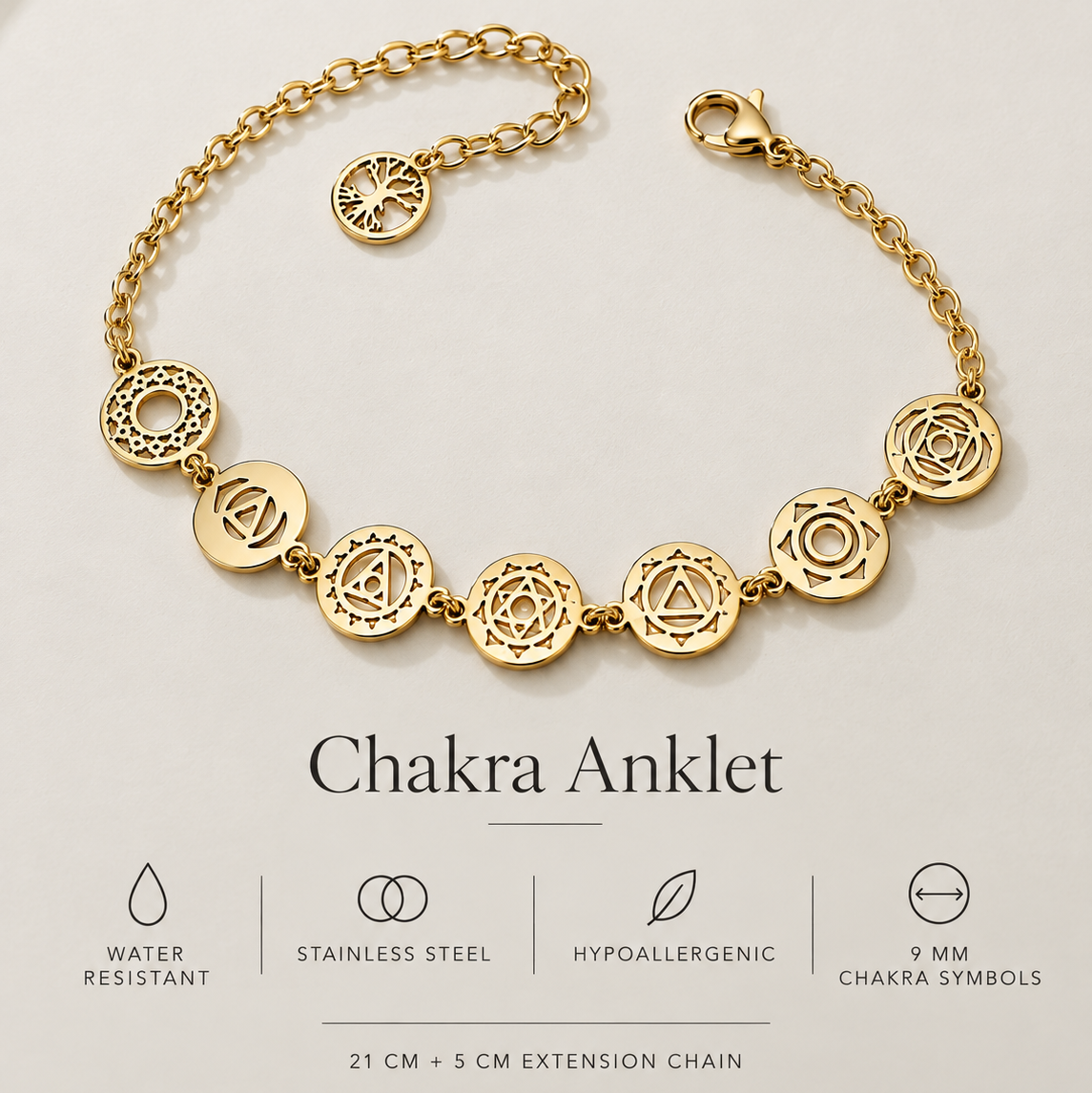 Gold chakra anklet bracelet with seven circular symbol charms, displayed on a light beige background with product text and feature icons below.