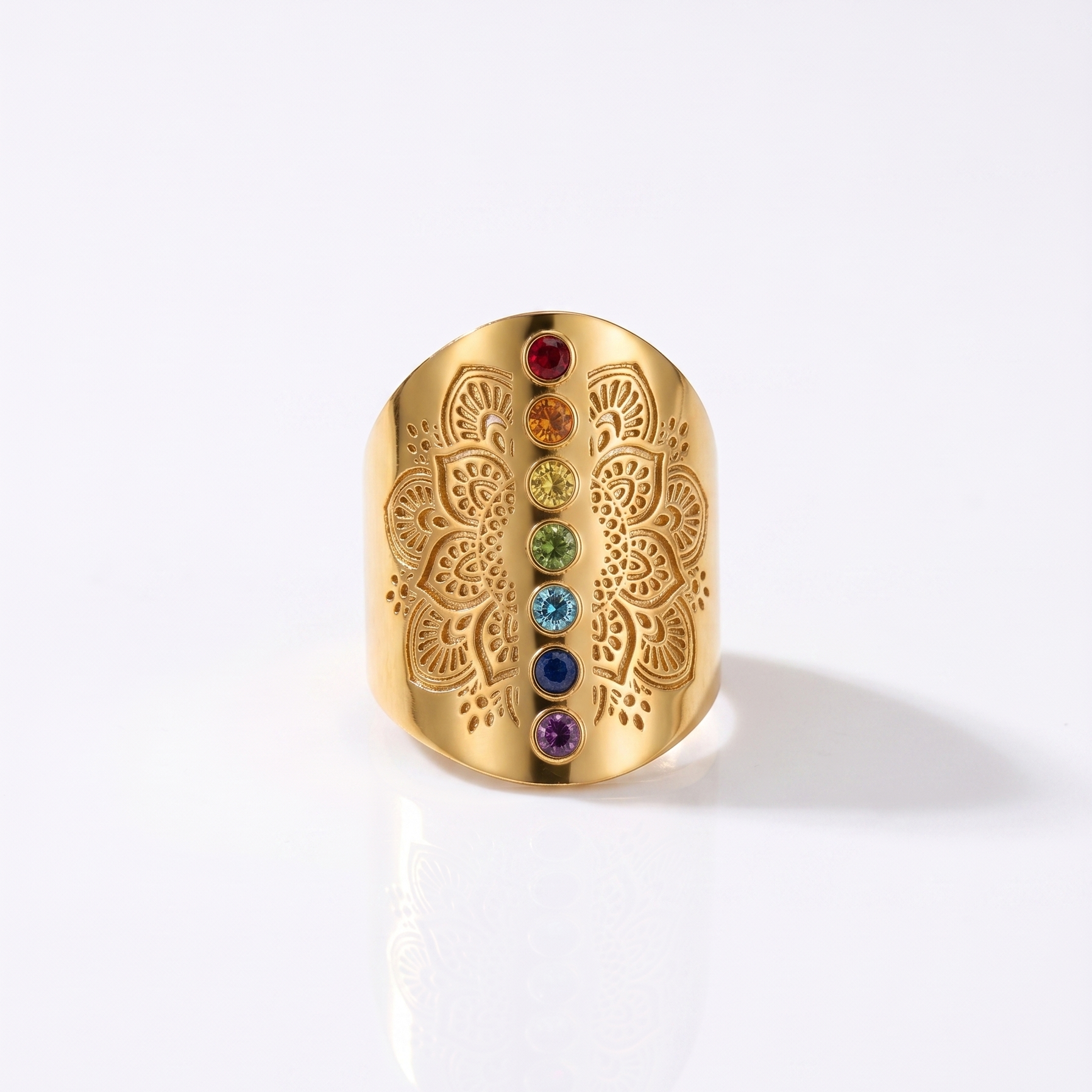 Yggdrasil smycken bohemiska chakra stenar och mandala mönster på ring i guld 