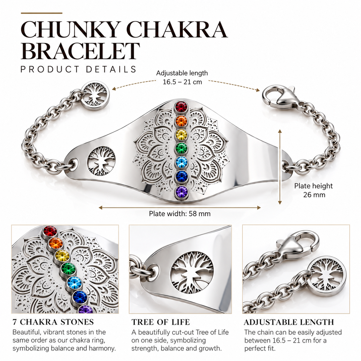 Chunky Chakra Bracelet product details – 58 x 26 mm plate and adjustable chain