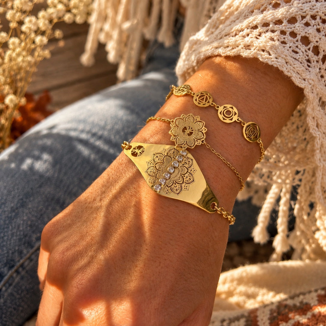Chunky Jyoti Bracelet styled with layered bohemian bracelets from yggdrasil by sweden