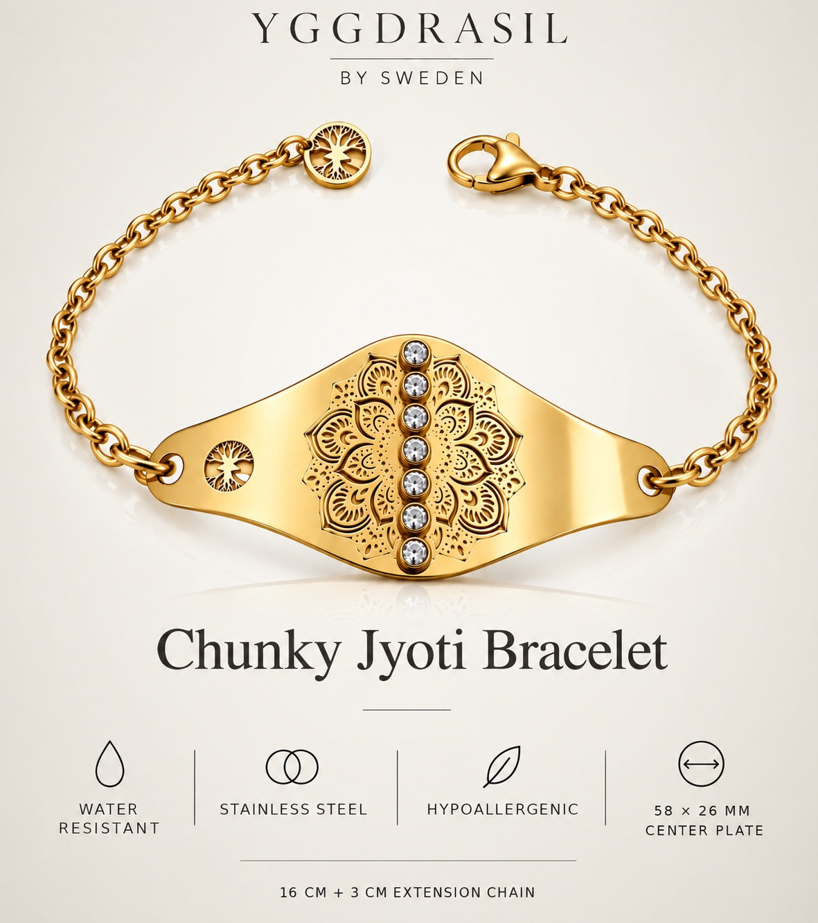 Chunky Jyoti Bracelet product details – 58 x 26 mm center plate and 16 + 3 cm chain