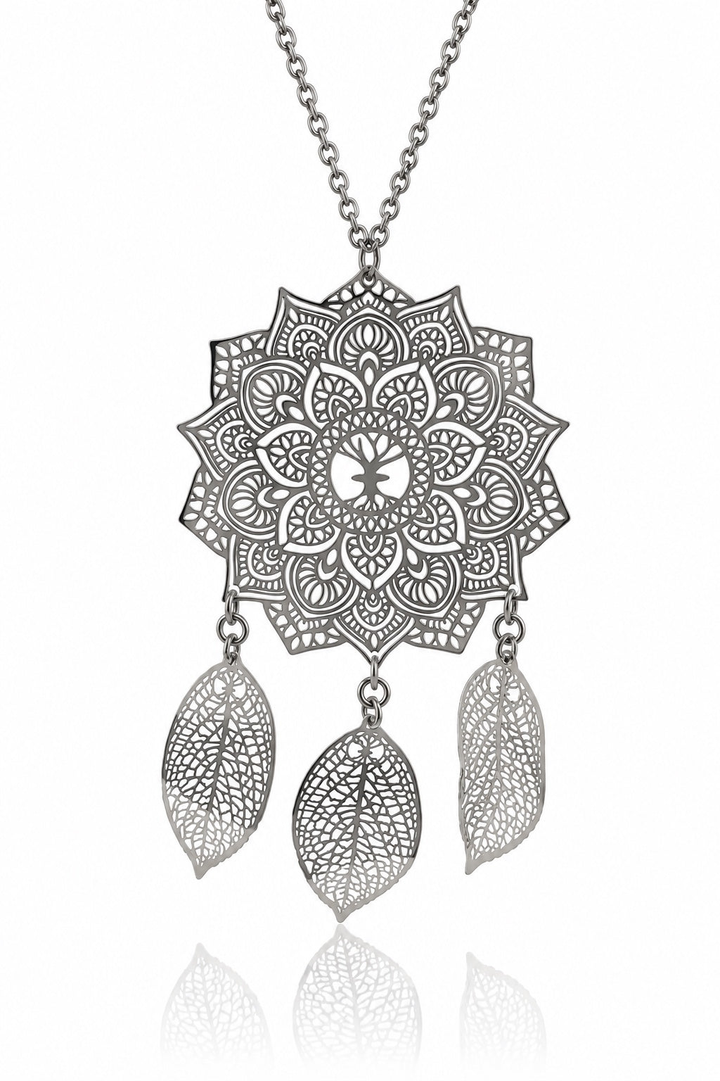 Mandala Dreamcatcher Necklace in steel with three cut-out leaves