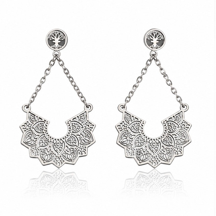 Mandala Lace Chain Earrings in steel on white background