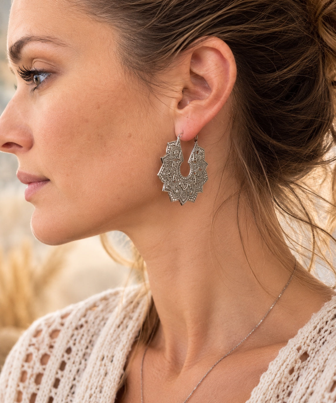 Mandala Lace Earrings on model