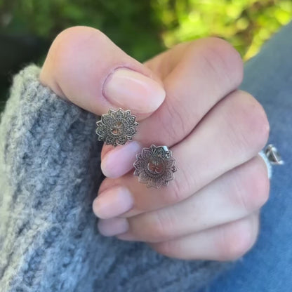 Mandala Stud Earrings, Steel & Gold