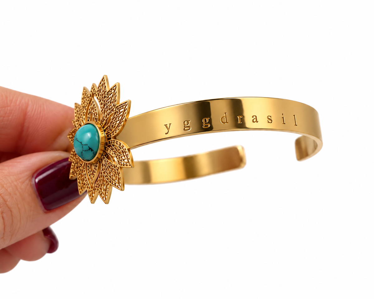 Turquoise Lotus Bangle in gold with engraved Yggdrasil logo