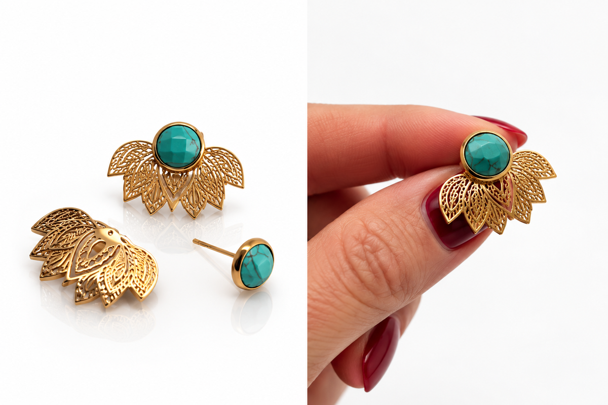Turquoise Lotus Earrings gold details and hand